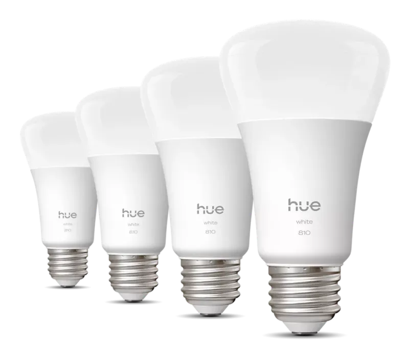 Four Philips Hue White A19 bulbs, unlit