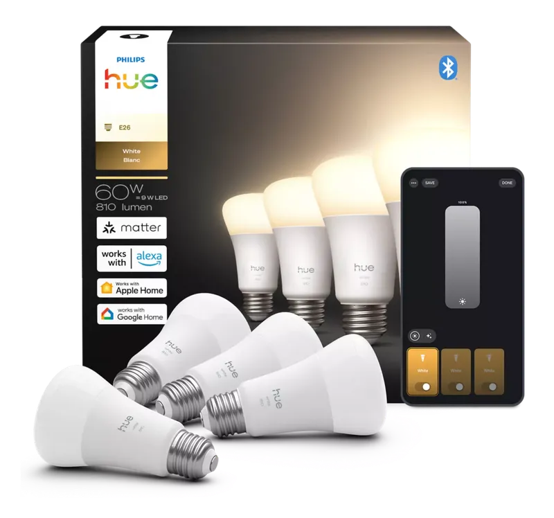 Philips Hue White A19 4-pack with retail box and app