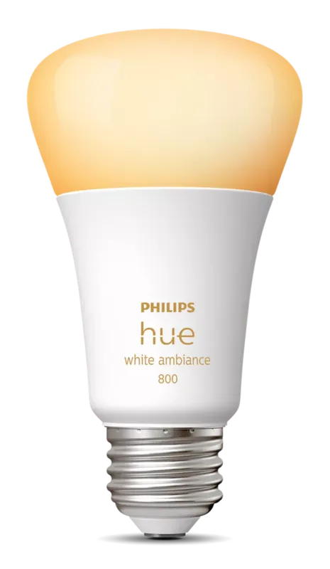Philips Hue White Ambiance A19 bulb glowing warm white
