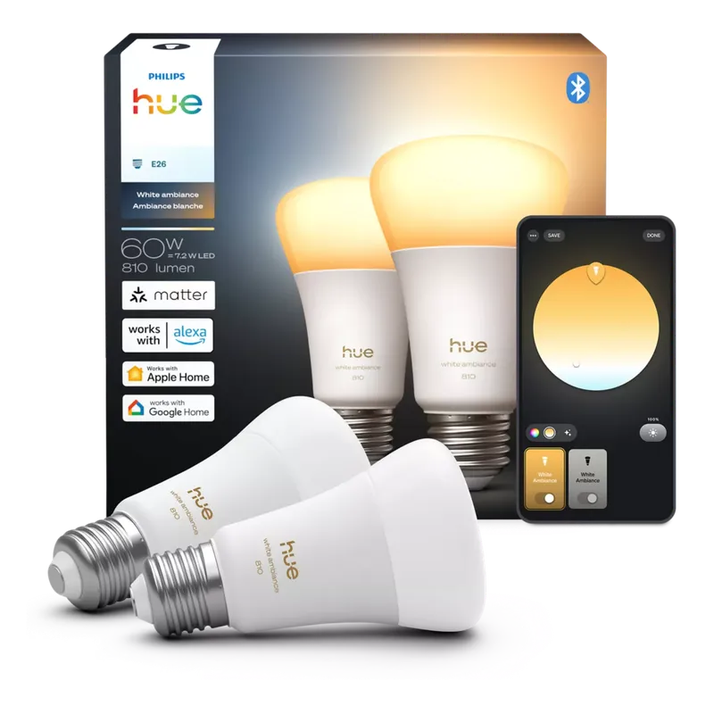 Philips Hue White Ambiance A19 bulbs with retail box and app