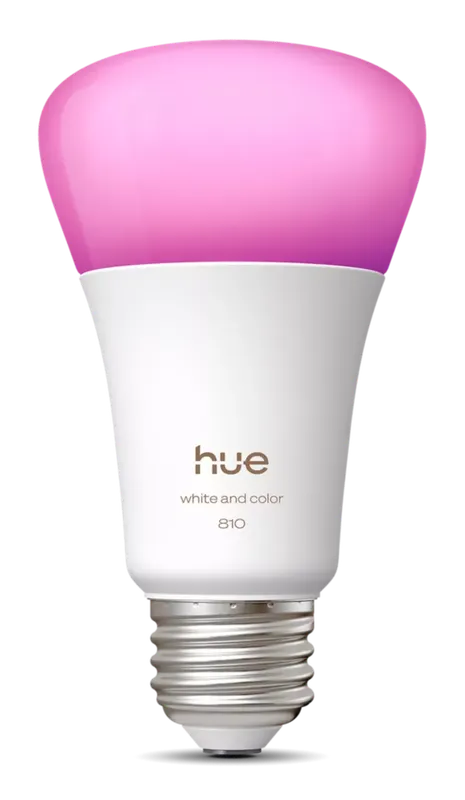 Philips Hue White and Color Ambiance A19 bulb glowing pink