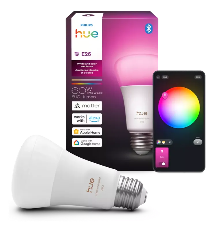 Philips Hue White and Color Ambiance A19 bulb with retail box and app