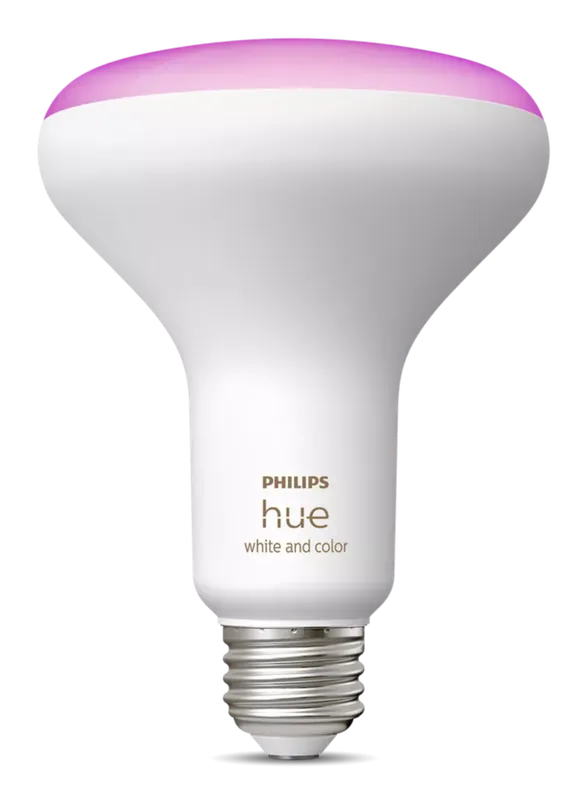 Philips Hue White and Color Ambiance BR30 flood bulb glowing pink