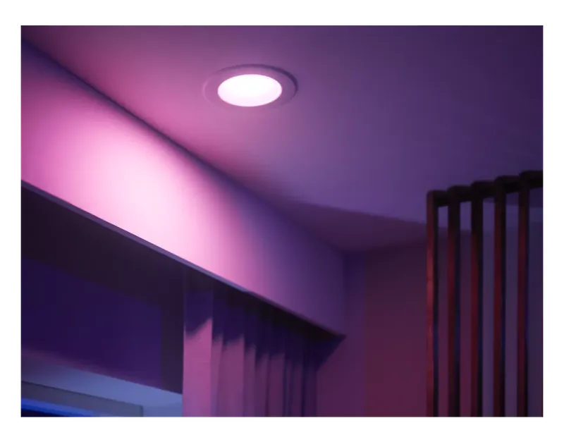 Philips Hue BR30 recessed ceiling light glowing purple