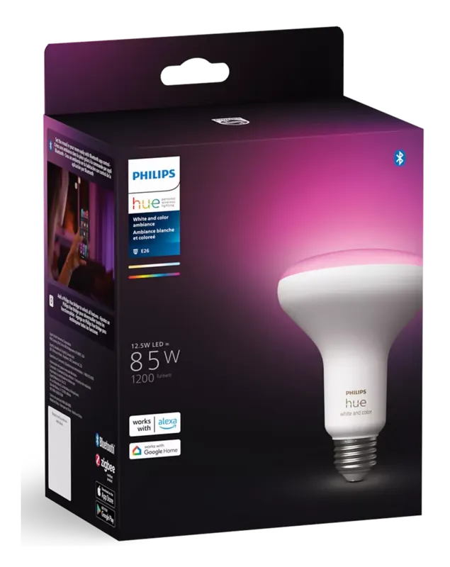 Philips Hue White and Color Ambiance BR30 bulb in retail box