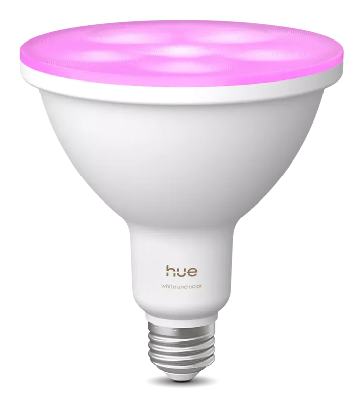 Philips Hue White and Color Ambiance PAR38 outdoor flood bulb glowing pink